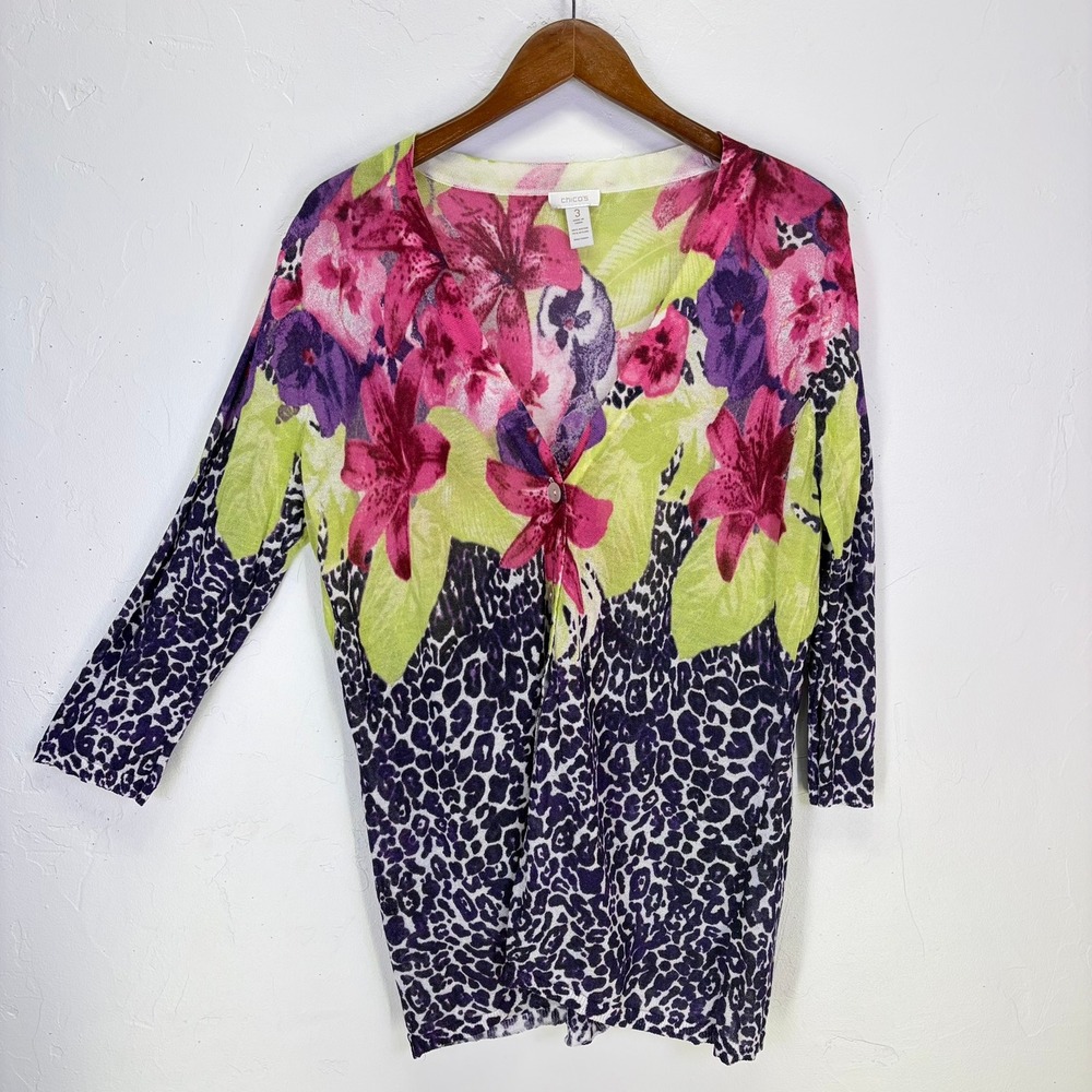 Chico's Woman's Cardigan Size 3 XL Purple Floral Animal Print Art Teacher Chic